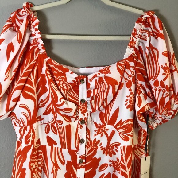 Unique Vintage White Orange Parrot Empire Waist Puff Sleeve Midi Dress - NWT - Picture 7 of 11